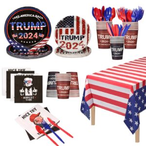 162CT President Trump 2024 Party Supplies Paper Plates Cups Straw Napkins Spoon Fork knives Tablecloth,Take America Back Disposable Party Plates for President Trump Party Decorations Serves 20 Guests