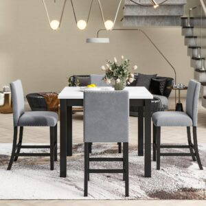 Counter Height Dining Table Set for 4, Farmhouse Kitchen Table Set with Faux Marble Tabletop and 4 Upholstered Chairs, Wooden Table and Chairs Set for Kitchen, Dining Room, Small Space, Grey