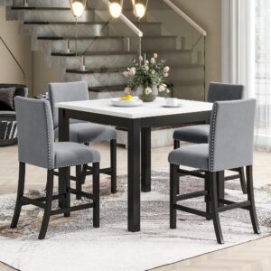 counter height dining table set for 4, farmhouse kitchen table set with faux marble tabletop and 4 upholstered chairs, wooden table and chairs set for kitchen, dining room, small space, grey