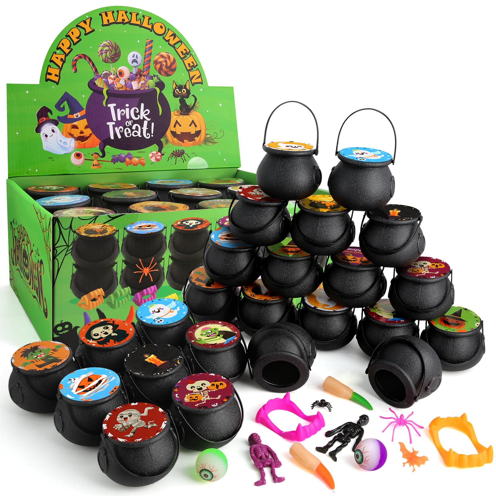 SURCVIO 168 PCS Halloween Party Favors 24 Pack Prefilled Small Plastic Witch Cauldron Halloween Toys in Bulk Halloween Prizes Gifts Miniatures for Kids Trick or Treat