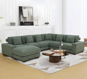 plithzy oversize modular sectional sofa, u shaped convertible couch for living room, corduroy fabric sofa set with removable ottoman (7 seat sofa couch, green)