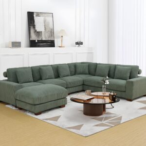 Plithzy Oversize Modular Sectional Sofa, U Shaped Convertible Couch for Living Room, Corduroy Fabric Sofa Set with Removable Ottoman (7 Seat Sofa Couch, Green)