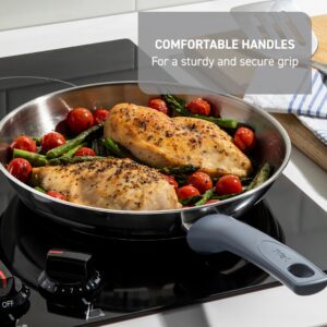 T-fal Essentials Stainless Steel Saute Pan w/Non Stick Coating & Glass Lid, 3.5 Quart, All Cooktops Including Induction, Oven Safe 350F, Heat Indicator, Measuring Marks, Dishwasher Safe, Silver/Blue