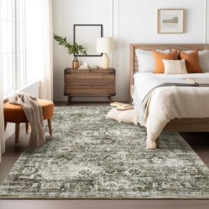 CAREMEE Washable Rug 5x7 Area Rugs for Living Room Bedroom, Vintage Non-Slip Print Distressed Thin Throw Rugs with Rubber Stain Resistant Low Pile Carpet for Kitchen Dining Room Foyer, Gray/Camel