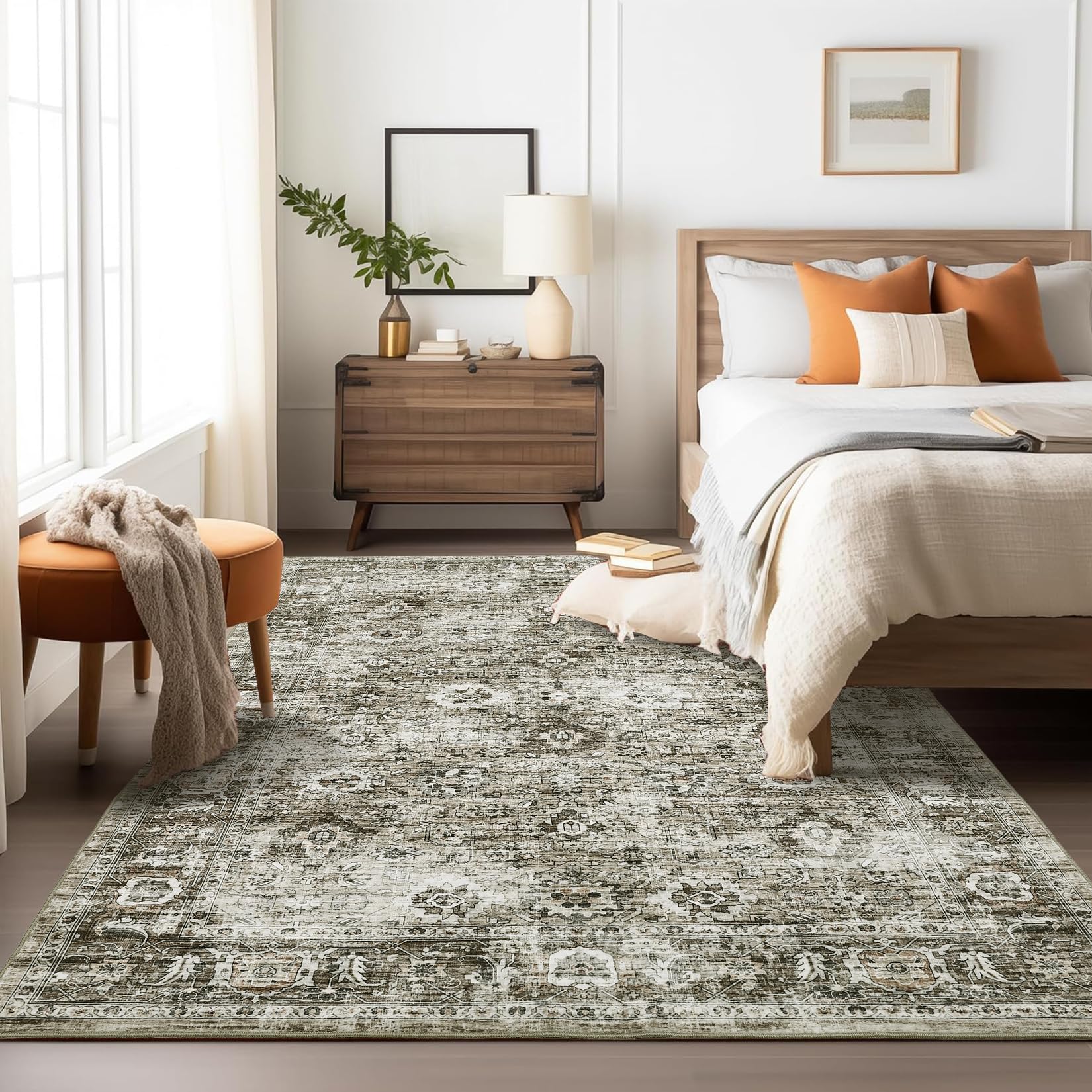 CAREMEE Washable Rug 5x7 Area Rugs for Living Room Bedroom, Vintage Non-Slip Print Distressed Thin Throw Rugs with Rubber Stain Resistant Low Pile Carpet for Kitchen Dining Room Foyer, Gray/Camel