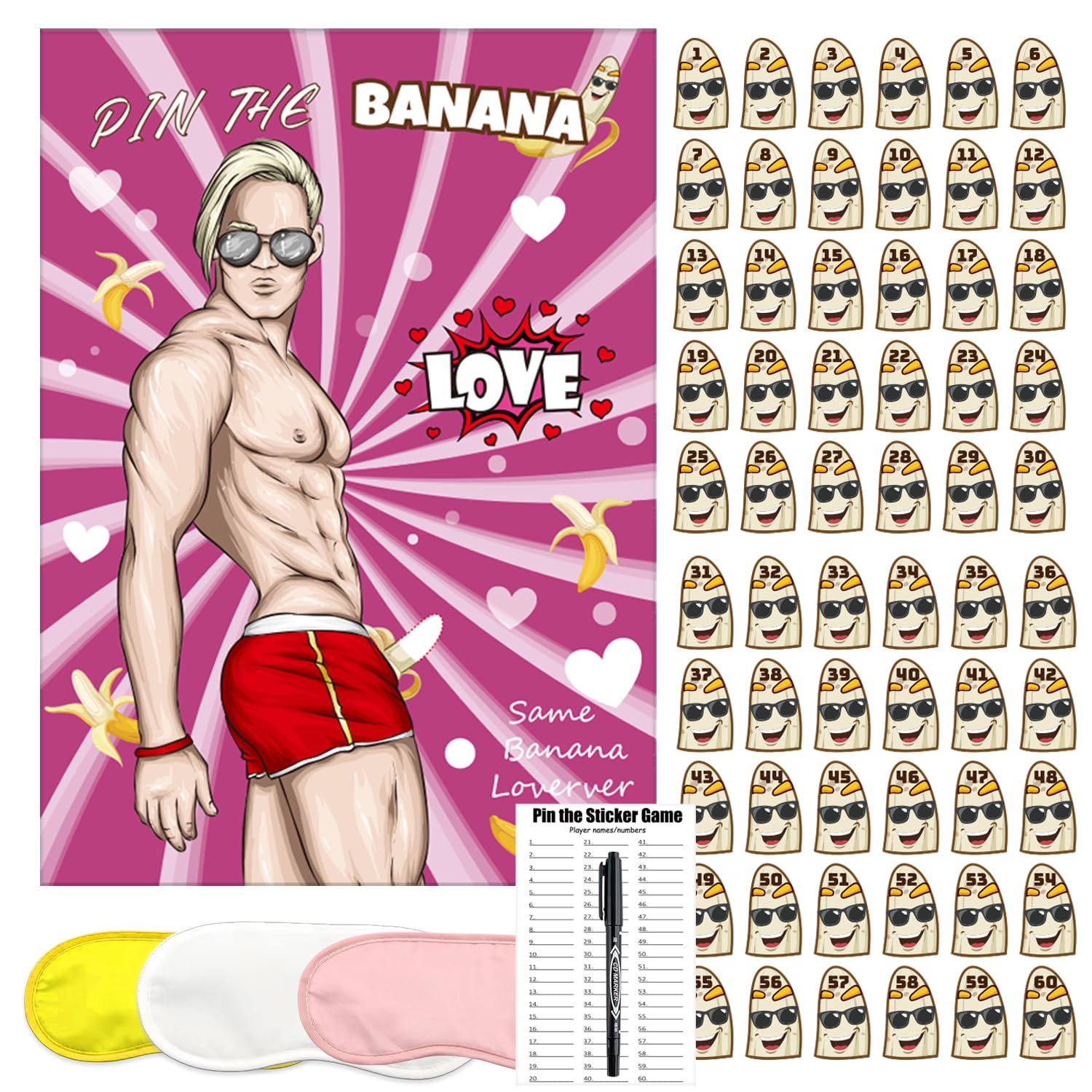 Bridal Shower Games Pin The Banana on The Hunk Bachelorette party GamesWedding Engagement Girls Night Pin The Banana Game 50 Stickers includes Large Poster Single Girl Party Night