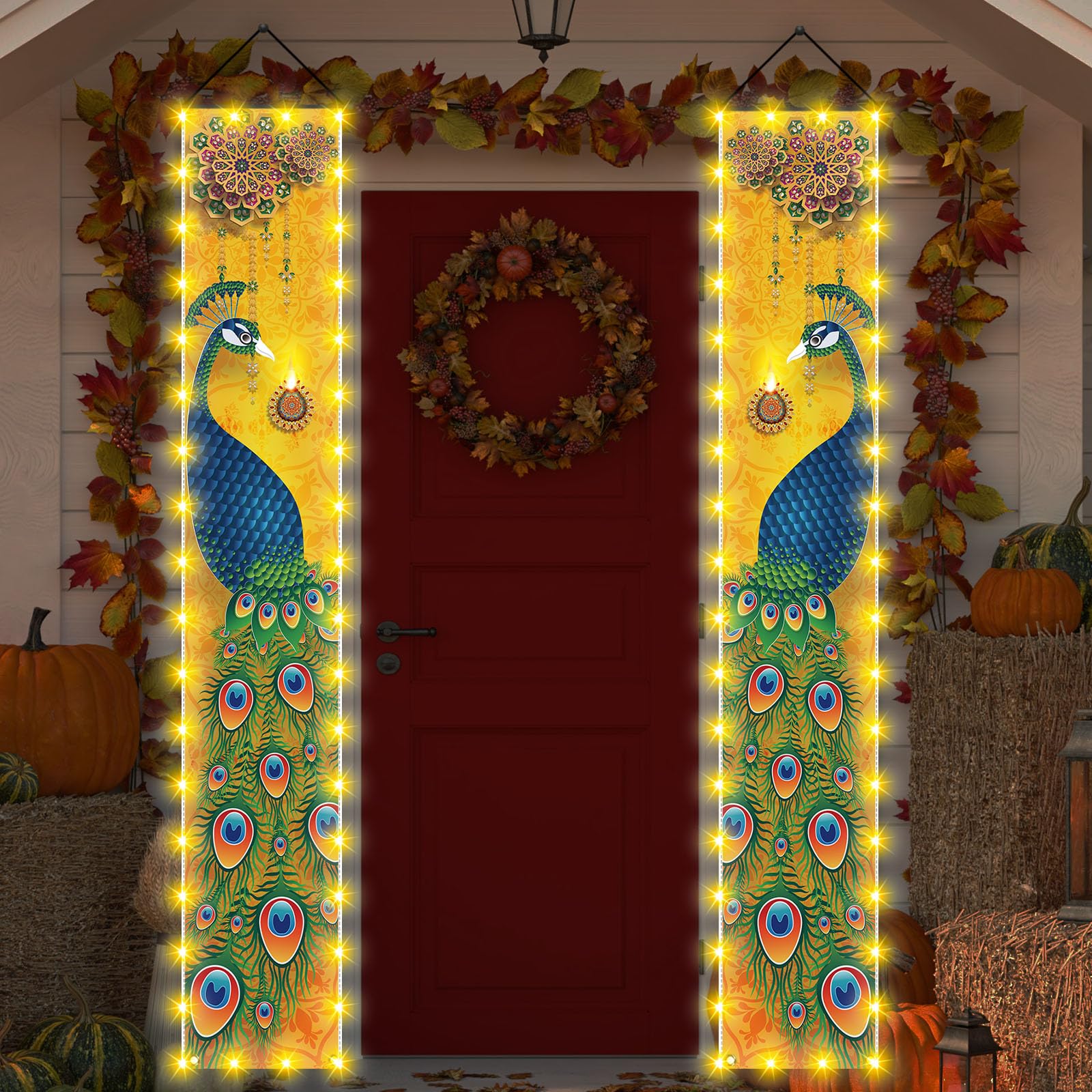 Happy Diwali Porch Banner with Lights Indian Diwali Peacock Front Porch Welcome Sign Deepavali Indian Festival of Lights Decorations-12×71''