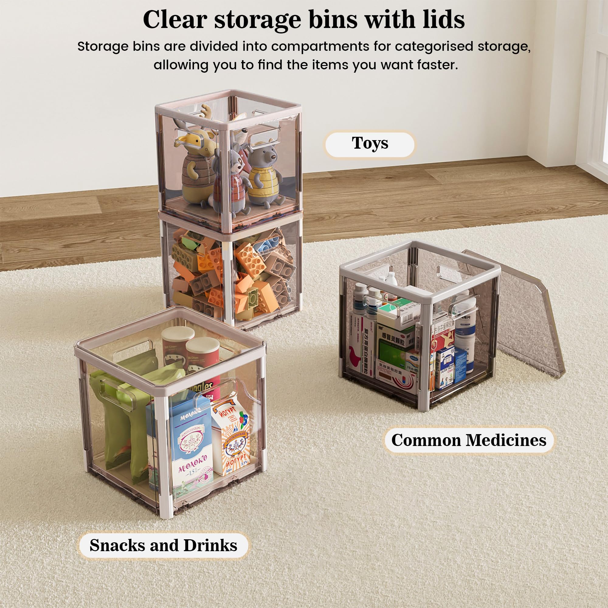 Okylvve Cube Storage Organizer 2 Pack - Plastic Storage Bins with Lids, Cubby Collapsible & Stackable Storage Bins Square Clear Organization Bin for Clothing Toy Snacks,10.5in*10.5in