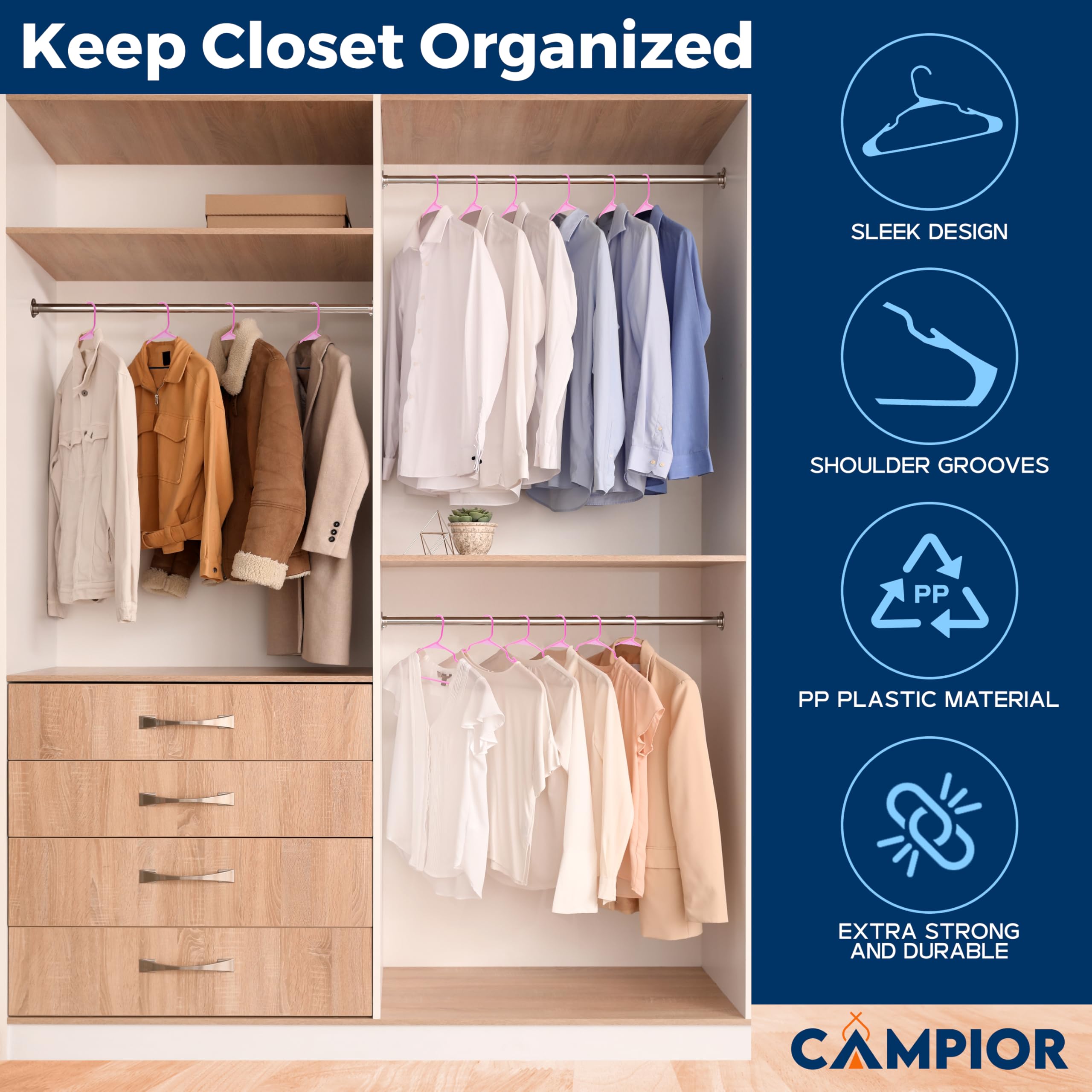 Campior Premium Clothes Hangers – Space-Saving Slim Design, Lightweight and Durable Plastic with Smart Shoulder Grooves, Versatile Usage for Organizing Laundry, Coats, and Clothes, Pink, Pack of 50