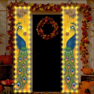 happy diwali porch banner with lights indian diwali peacock front porch welcome sign deepavali indian festival of lights decorations-12×71''