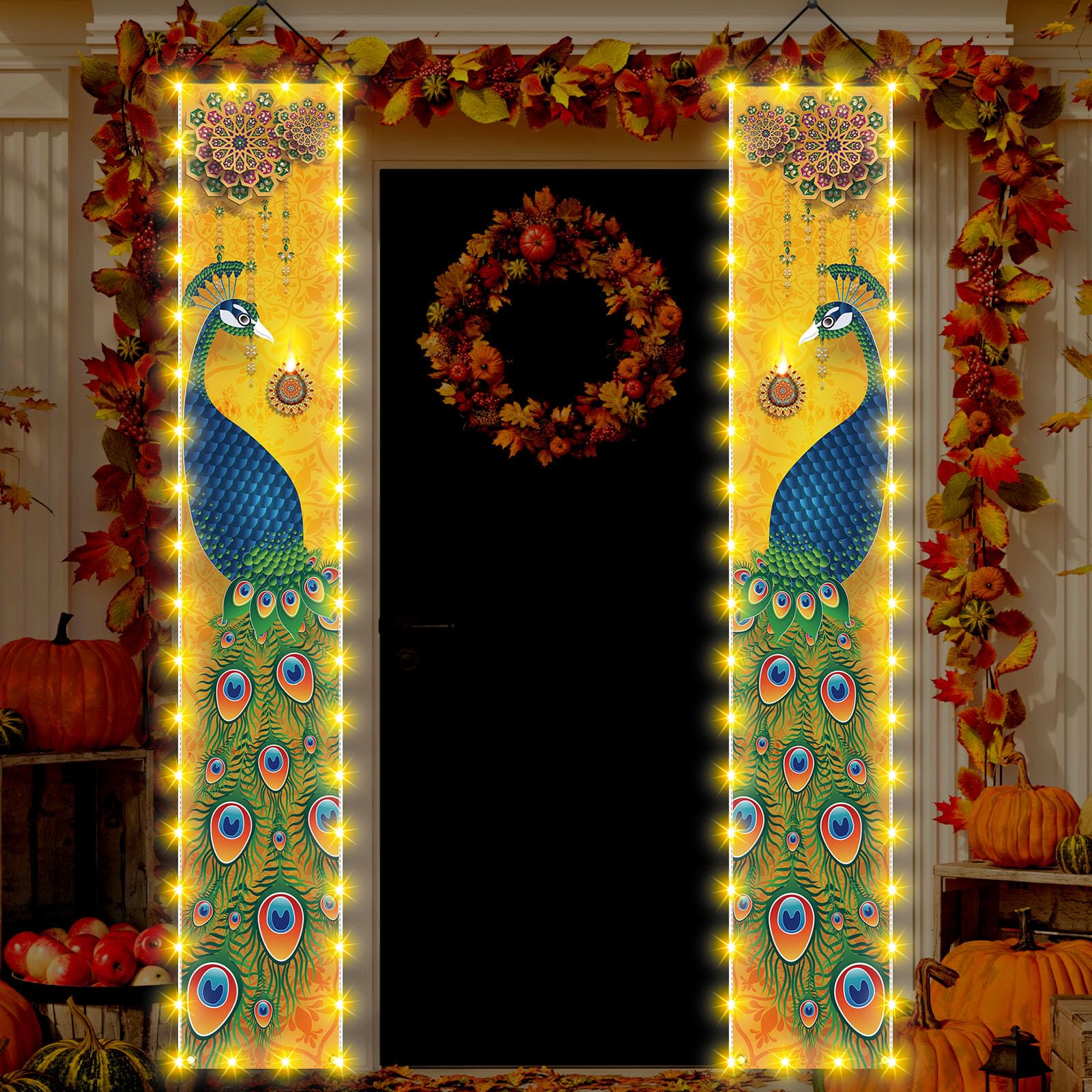 Happy Diwali Porch Banner with Lights Indian Diwali Peacock Front Porch Welcome Sign Deepavali Indian Festival of Lights Decorations-12×71''