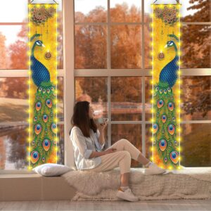 Happy Diwali Porch Banner with Lights Indian Diwali Peacock Front Porch Welcome Sign Deepavali Indian Festival of Lights Decorations-12×71''