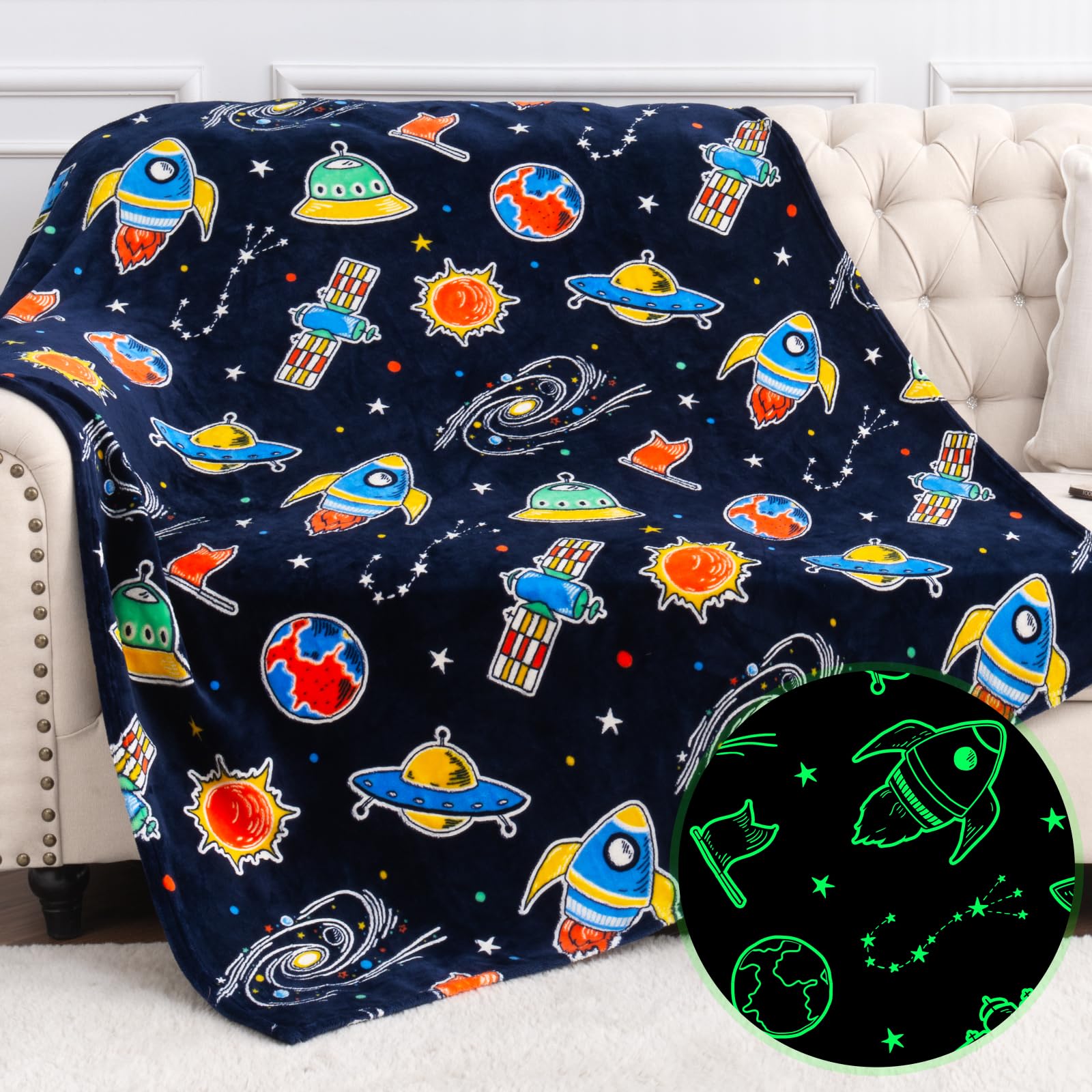 Space Toys Gifts for Boys Girls - Glow in The Dark Galaxy Blanket Christmas Birthday Valentine's Day Easter Present for Kids Age 1 2 3 4 5 6 7 8 9 10 Year Old Child Star Planet Spaceship Throw 50"x60"