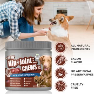 Maggie & ME Dog Pain Relief Hip and Joint Supplements | Glucosamine for Dogs 600mg | Organic Hemp Seed Powder/Oil 650mg | Chondroitin, MSM, Turmeric, Vitamins C & E+ | 120 Bacon Mobility Supplements