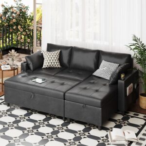 Danrelax Faux Leather L Shaped Sofa, L Shape Couch, Pull Out Bed with USB and Cup Holder, Storage Sofa Cama, Queen Sofa Bed, Sleeper Sofa Couch for Living Room, Sofa Bed Couch, Black