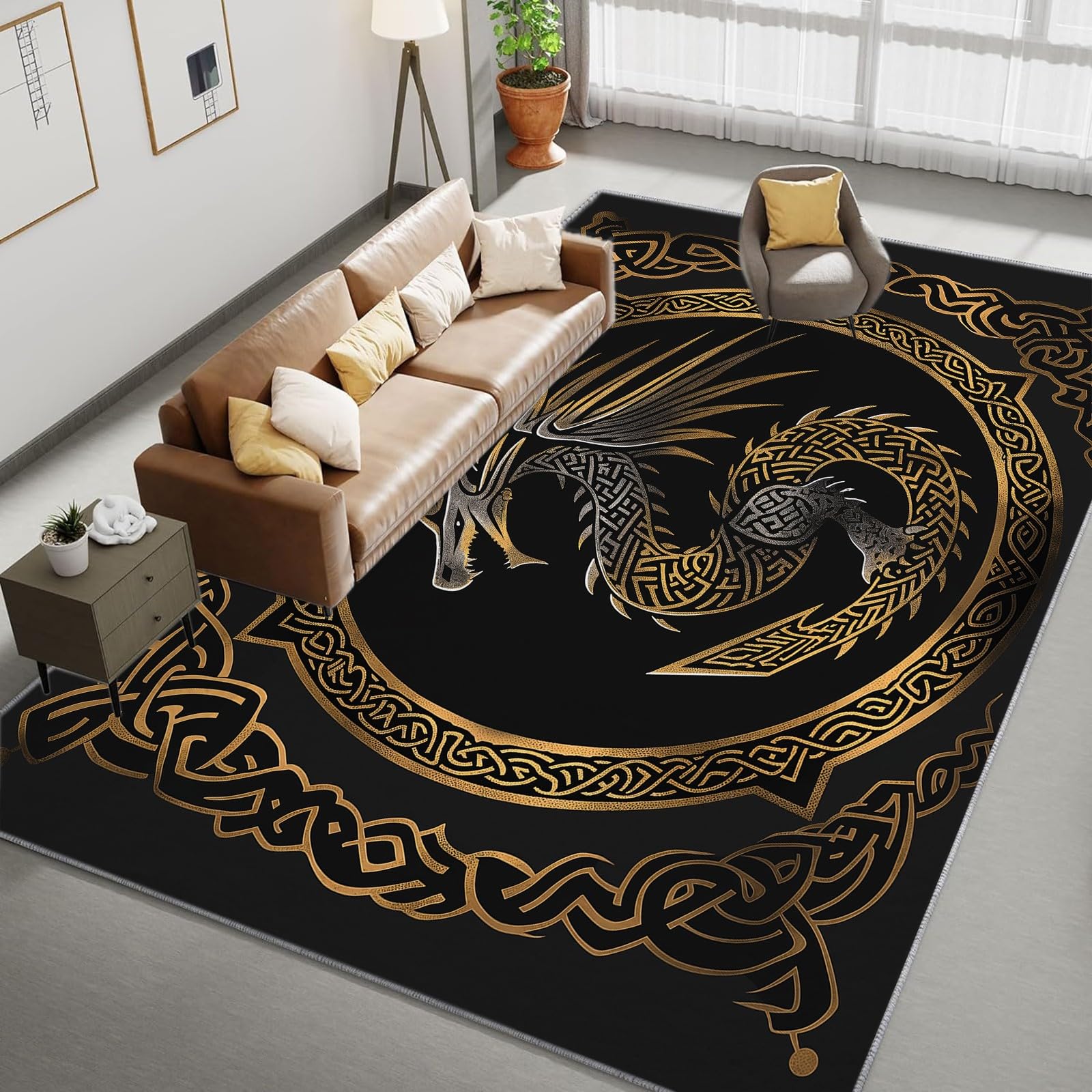 Area Rug for Living Room 5x8 ft, Viking Dragons Celtic Knot Patterns and Runes Print Rugs, Washable Area Rug Low-Pile Carpet, Non-Slip Floor Rugs for Kids Boy Teen Room Home Aesthetic Decor