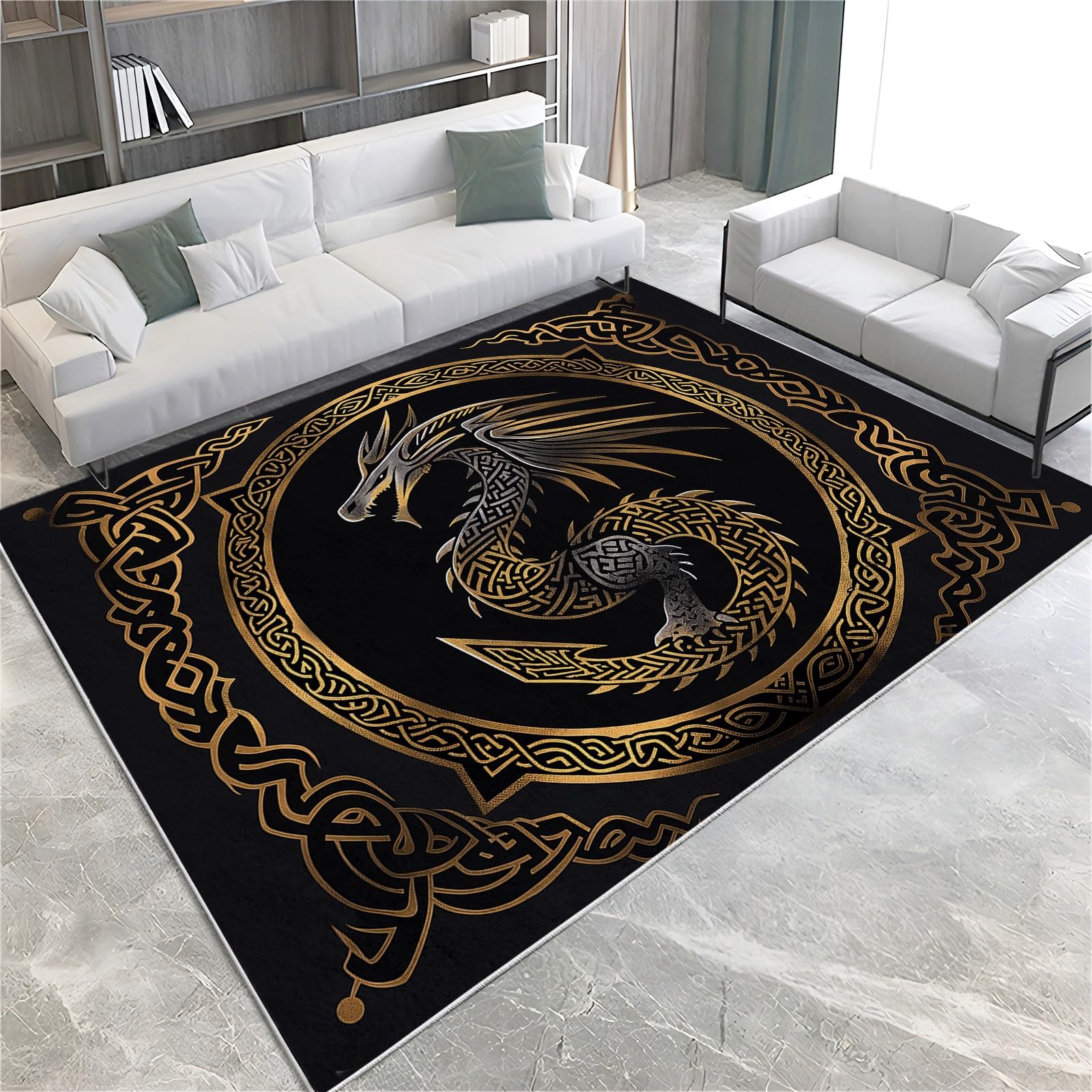 Area Rug for Living Room 5x8 ft, Viking Dragons Celtic Knot Patterns and Runes Print Rugs, Washable Area Rug Low-Pile Carpet, Non-Slip Floor Rugs for Kids Boy Teen Room Home Aesthetic Decor