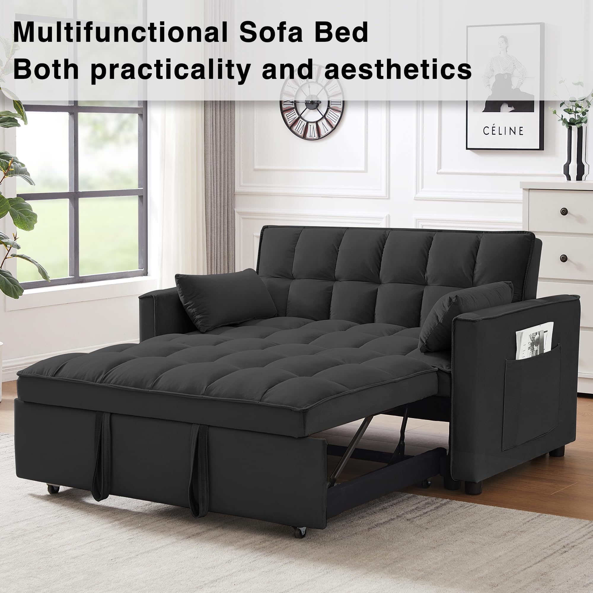 Wakefit 3 in 1 Convertible Sleeper Sofa Bed, Futon Couches for Living Room with Side Pocket | Adjustable Backrest| Velvet Fabric | Pull Out Couch | Loveseat | Sectional Sofa Bed(Black)