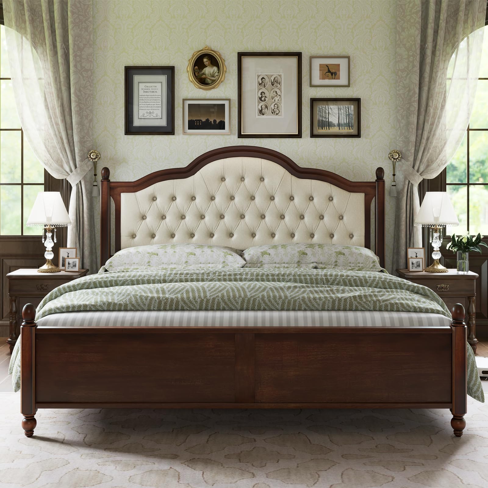 VanAcc Solid Wood King Bed Frame, Platform Bed with Upholstered Headboard, Luxury Beds with Wood Slat Support, Walnut