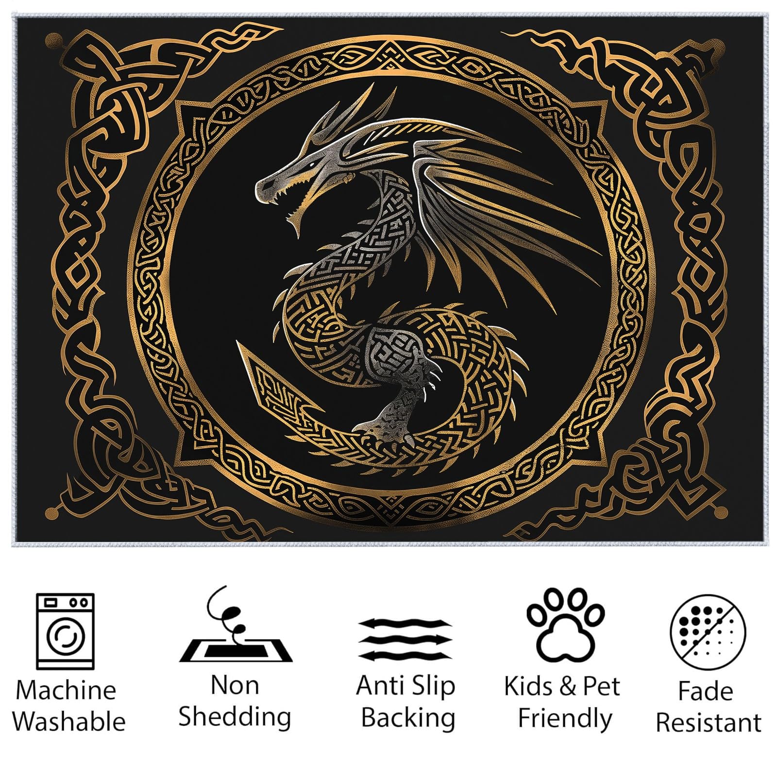 Area Rug for Living Room 5x8 ft, Viking Dragons Celtic Knot Patterns and Runes Print Rugs, Washable Area Rug Low-Pile Carpet, Non-Slip Floor Rugs for Kids Boy Teen Room Home Aesthetic Decor