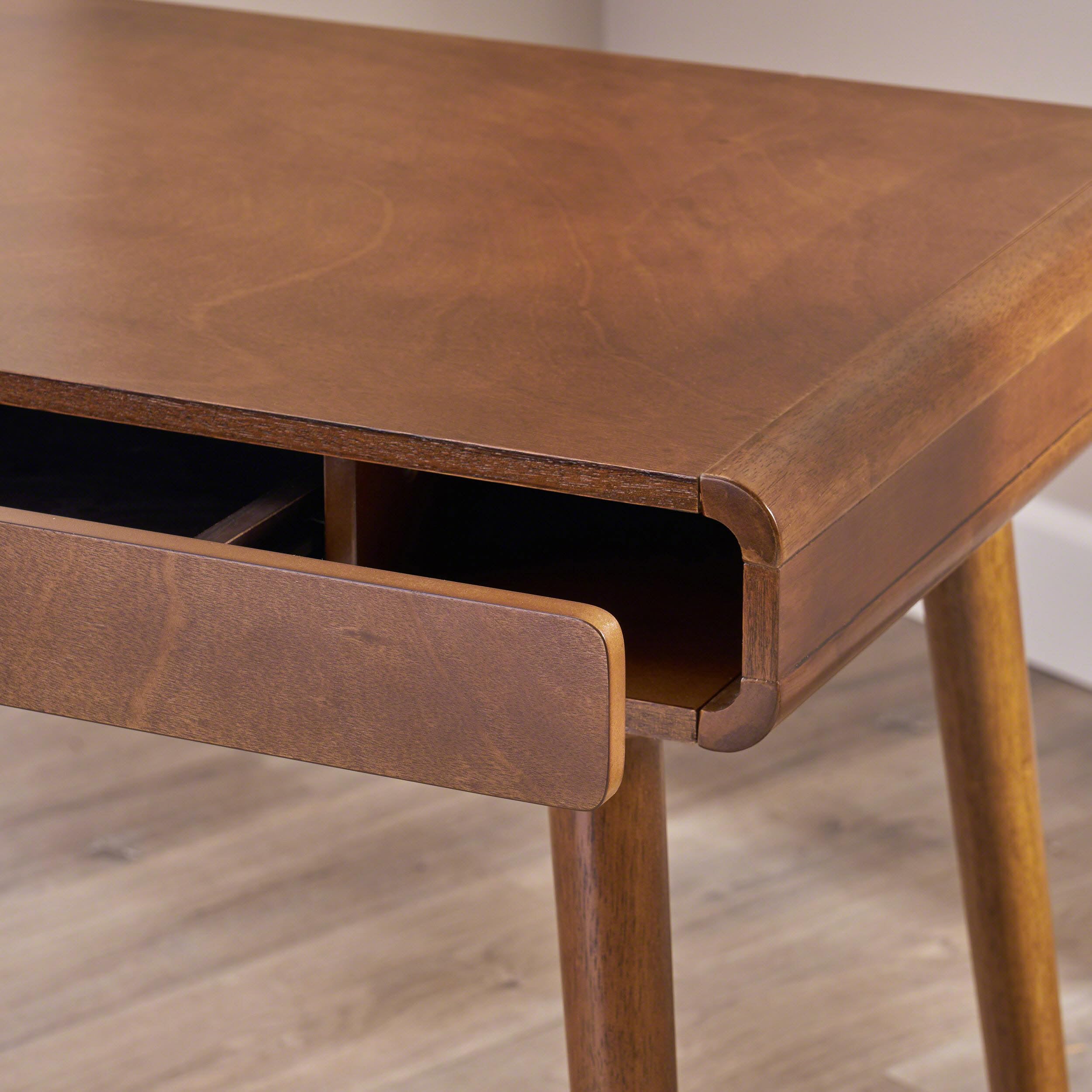 RuiSiSi Solid Wood Writing Desk, 40.1” Computer Desk with a Pull-Out Drawer and Solid Wood Legs, Mid Century Home Office Writing Sturdy Desk, Gaming Desk with for Small Space, Brown