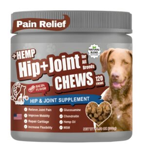 maggie & me dog pain relief hip and joint supplements | glucosamine for dogs 600mg | organic hemp seed powder/oil 650mg | chondroitin, msm, turmeric, vitamins c & e+ | 120 bacon mobility supplements