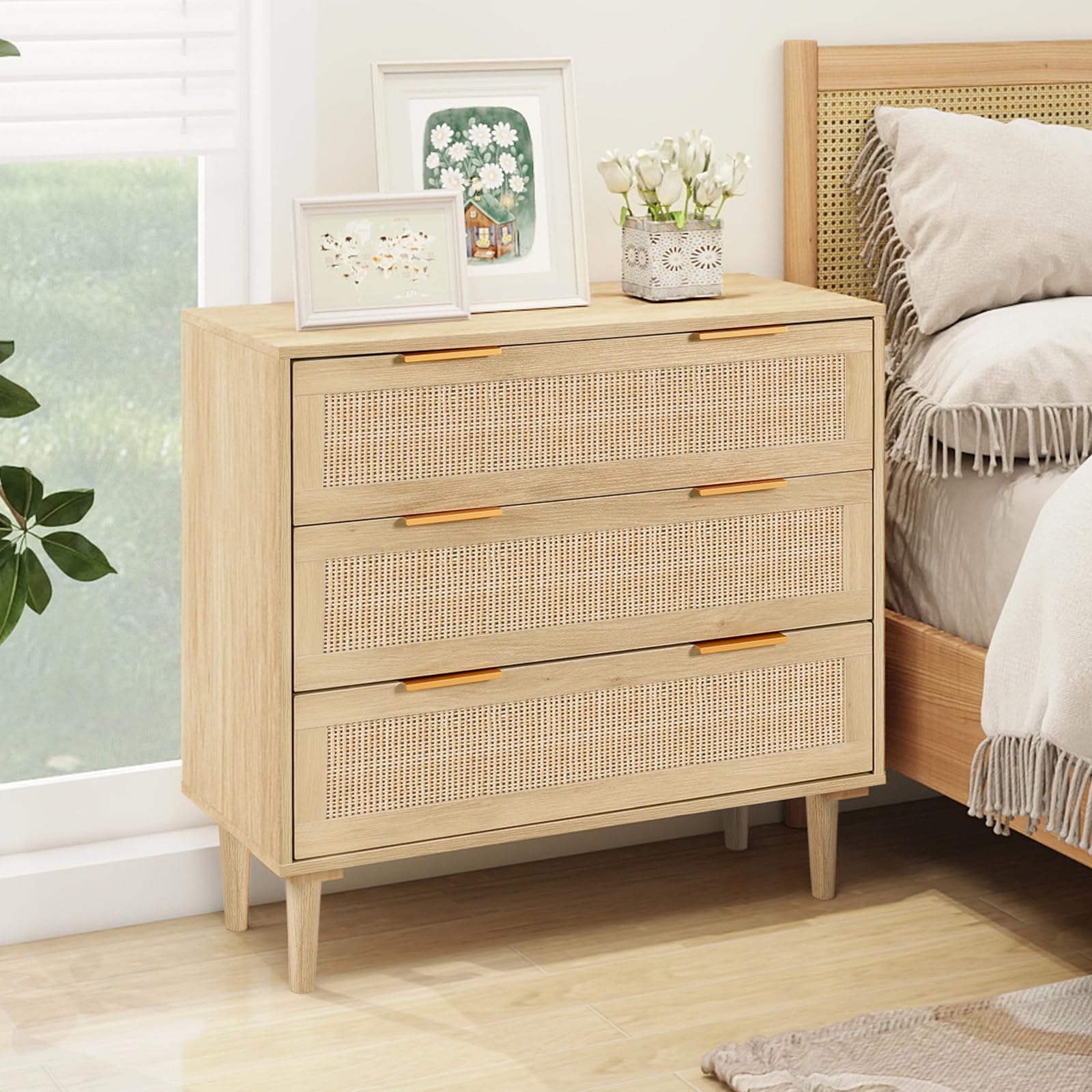 YMBSBUY Rattan Dresser for Bedroom 3 Drawer Storage Closet Dresser Chest of Drawers, Wood Kids Dresser for Bedroom, Living Room, Nursery, Hallway, Entryway, Oak