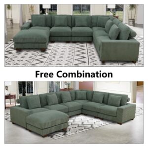 Plithzy Oversize Modular Sectional Sofa, U Shaped Convertible Couch for Living Room, Corduroy Fabric Sofa Set with Removable Ottoman (7 Seat Sofa Couch, Green)