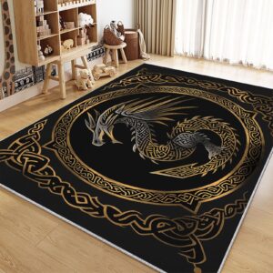 Area Rug for Living Room 5x8 ft, Viking Dragons Celtic Knot Patterns and Runes Print Rugs, Washable Area Rug Low-Pile Carpet, Non-Slip Floor Rugs for Kids Boy Teen Room Home Aesthetic Decor