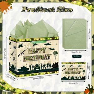 Camouflage Birthday Gift Bag Army Party Supplies Gift Bag with Wrapping Paper and Card Large Camouflage Christmas Birthday Party Wrapping Paper Bag with Handle Army Camo Party Decorations for Boy Girl