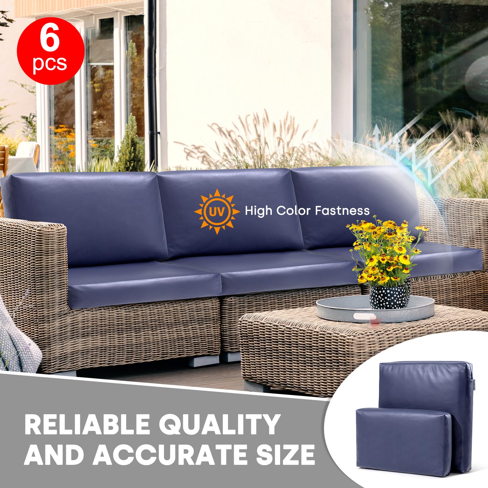 6p Patio Cushion Covers Anti Cat Scratch Leather Outdoor Cushion Cover Replacement 100% Waterproof with Zipper for 3Pcs Patio Furniture Set,Slipcovers for Outdoor Furniture Cushions Navy,Cover Only