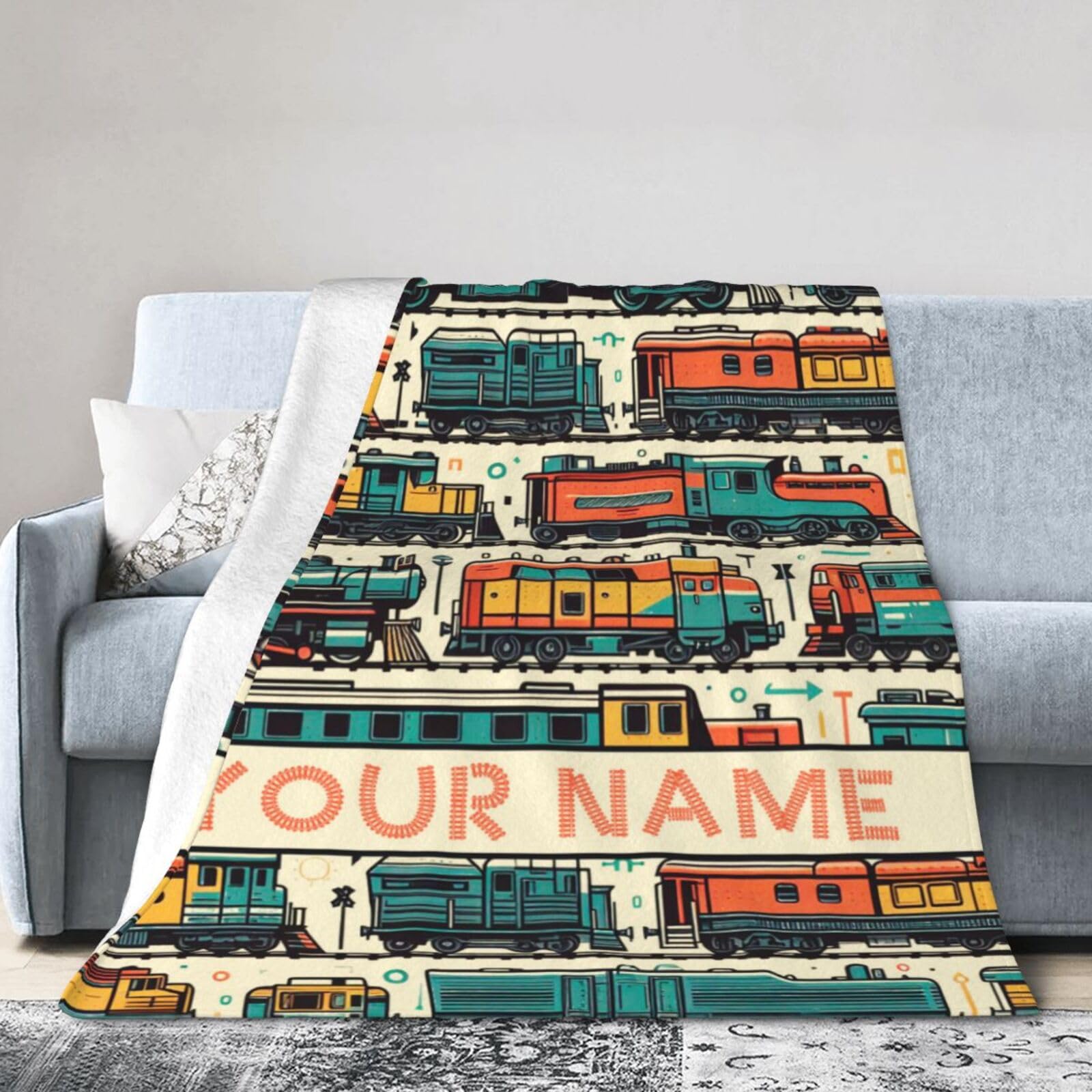 Homieblanket Custom Train Blanket with Name for Boys Girls, Personalized Cute Train Themed Design Printed Throw Blankets for Kids Lap, Chair Sofa, Giftable Blanket, 40"x 50"