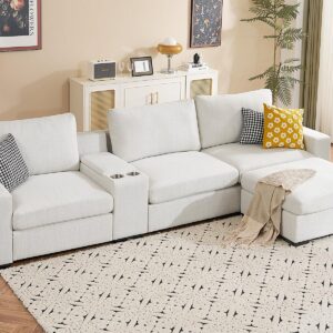 ELUCHANG Oversized Sectional Fabric Sofa with Console, 2 Cup Holders and Storage Space, Large L Shaped Couch, Sofa Covers Removable, 133.2 inch Width, 4 Seat Modular Sofa for Living Room, Linen, Ivory