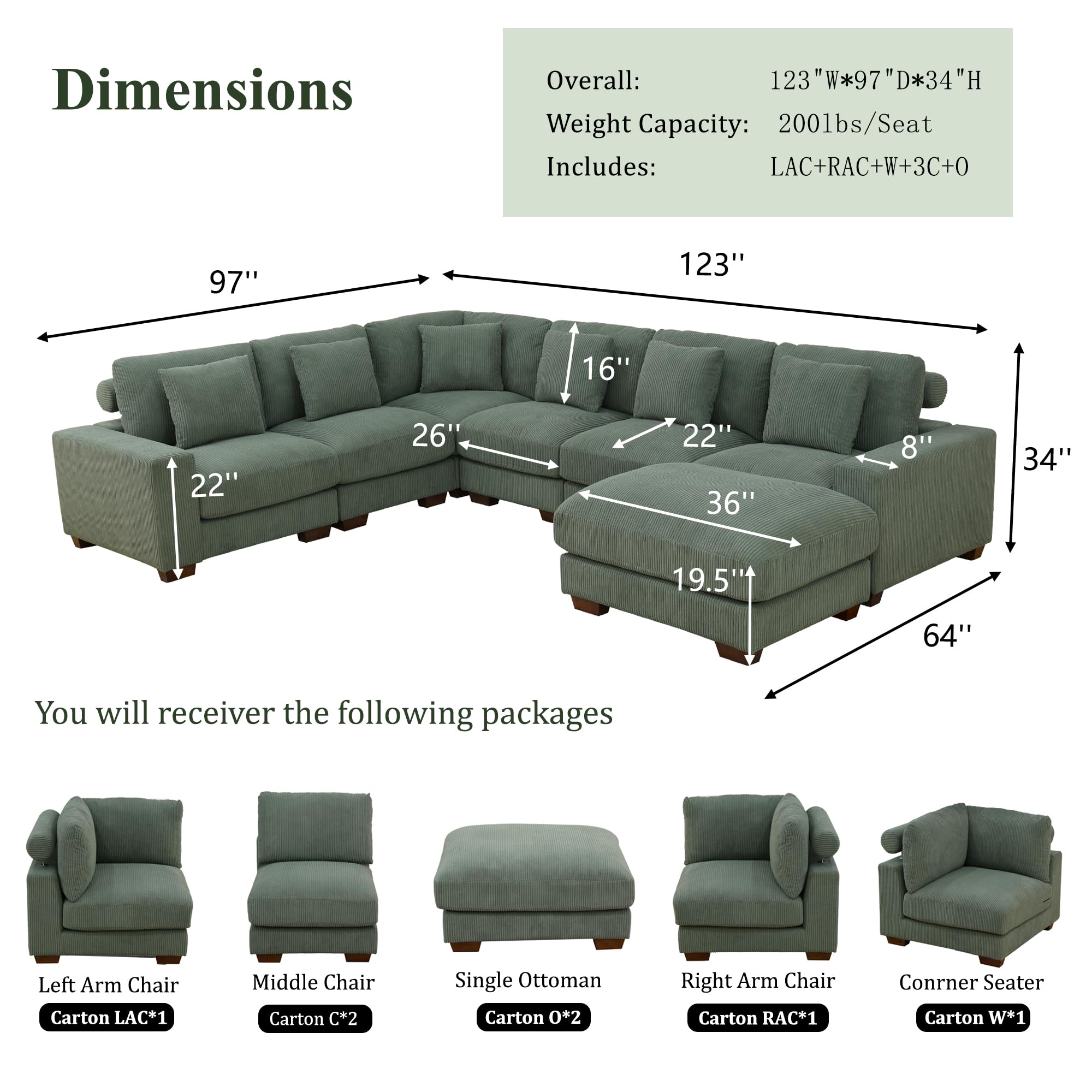 Plithzy Oversize Modular Sectional Sofa, U Shaped Convertible Couch for Living Room, Corduroy Fabric Sofa Set with Removable Ottoman (7 Seat Sofa Couch, Green)