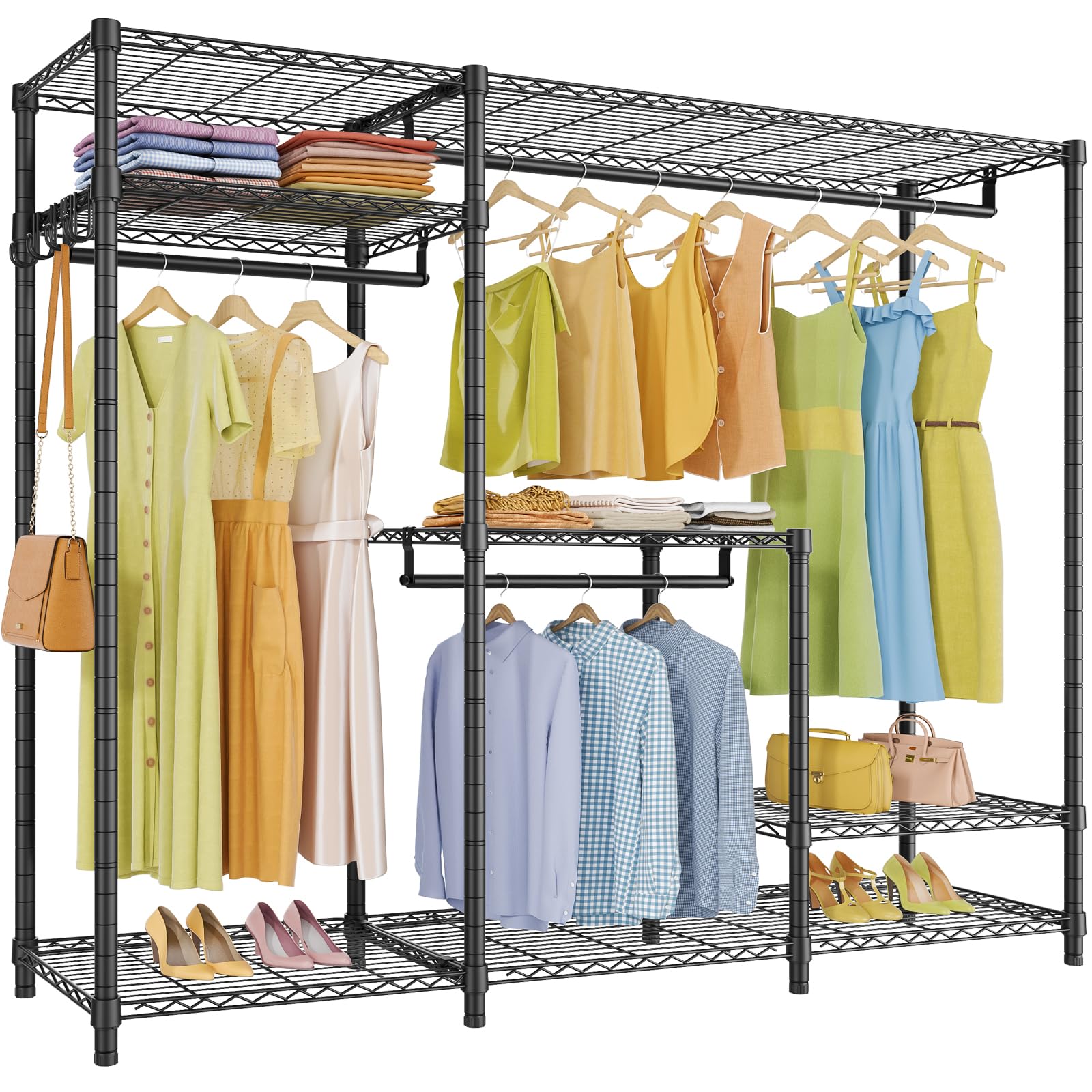 VIPEK V3 Clothes Rack, Heavy Duty Garment Rack with Adjustable Shelves & Hang Rods & Side Hooks, Portable Closet Systems Freestanding Metal Clothing Rack for Hanging Clothes, Max Load 950lbs, Black