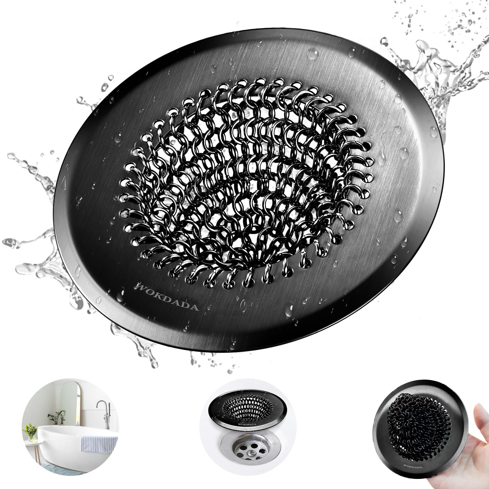 Bathtub Drain Hair Catcher, Wokdada Fast Drainage Shower Drain Hair Catcher, Reversible 304 Stainless Steel Drain Protector for Pop-Up and Regular Drains of Bathroom (Patented Product), Black