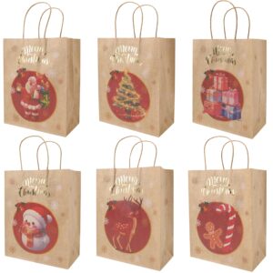 qirrmiy 24-pack 10.4” medium christmas gift bags with handles, kraft brown with santa claus, snowman, gifts, gingerbread man, reindeer, trees for gifts, decorations, holiday party, 24 pcs