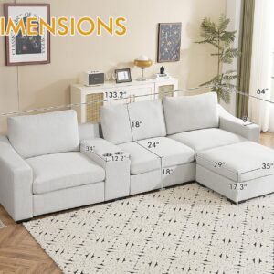 ELUCHANG Oversized Sectional Fabric Sofa with Console, 2 Cup Holders and Storage Space, Large L Shaped Couch, Sofa Covers Removable, 133.2 inch Width, 4 Seat Modular Sofa for Living Room, Linen, Ivory