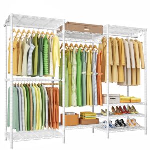 ulif e13 heavy duty clothes rack（with 4 hanger rods & 8 shelves） freestanding clothing racks for hanging clothes，adjustable closet organizer，metal garment rack 63" w x16 d x77 h，max load 900lbs，white