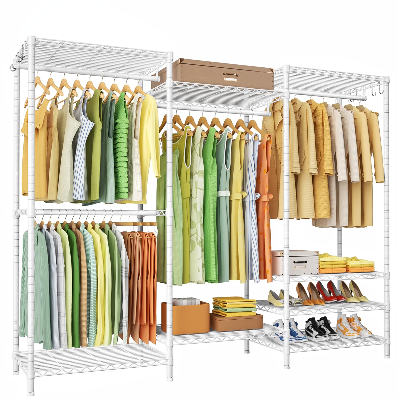 Ulif E13 Heavy Duty Clothes Rack（With 4 Hanger Rods & 8 Shelves） Freestanding Clothing Racks for Hanging Clothes，Adjustable Closet Organizer，Metal Garment Rack 63" W x16 D x77 H，Max Load 900LBS，White