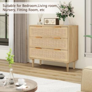 YMBSBUY Rattan Dresser for Bedroom 3 Drawer Storage Closet Dresser Chest of Drawers, Wood Kids Dresser for Bedroom, Living Room, Nursery, Hallway, Entryway, Oak