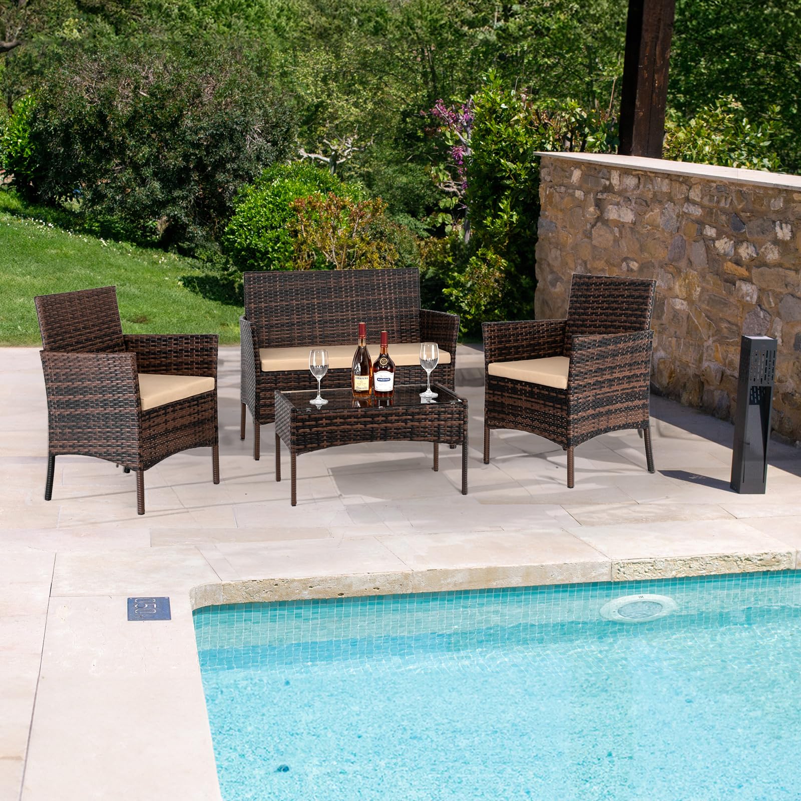 VINGLI 4 Pieces Outdoor Patio Furniture Set Wicker Patio Conversation Set with Coffee Table, Rattan Chair Patio Wicker Sofa Set for Yard,Pool or Backyard (Brown)