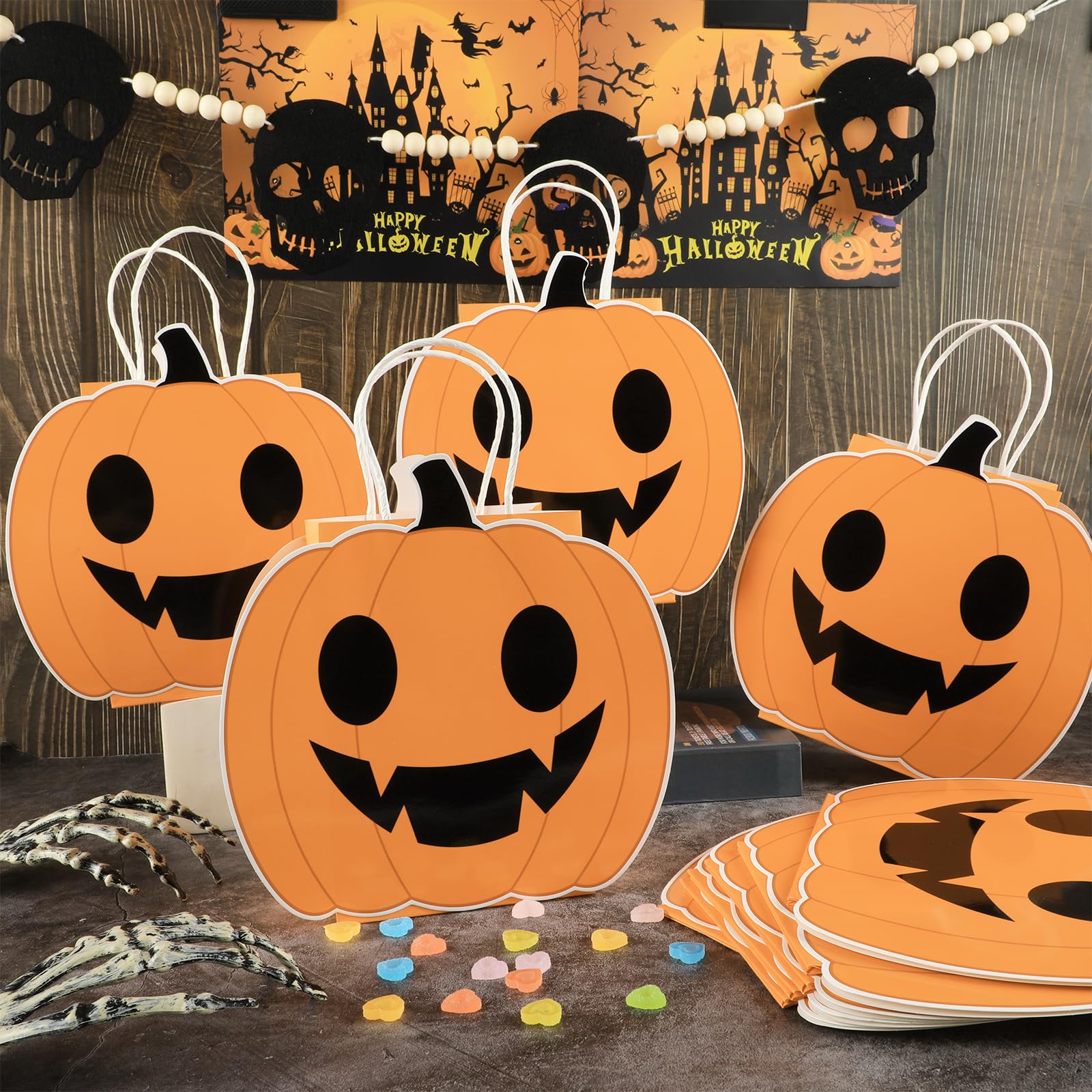 Justforjoyful 12Pcs Halloween Pumpkin Party Favor Bags Halloween Treat Bags Trick or Treat Goody Bags Pumpkin Paper Gift Bag with Handle Decorations for Kids Adults Halloween Party Supplies Decor