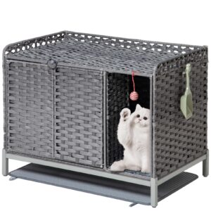 setvson cat litter box enclosure cat litter box furniture with divider, rattan litter box enclosure with cat litter mat, 31.2×19.6×24.2 inches hidden cat litter box cat house for living room (gray)