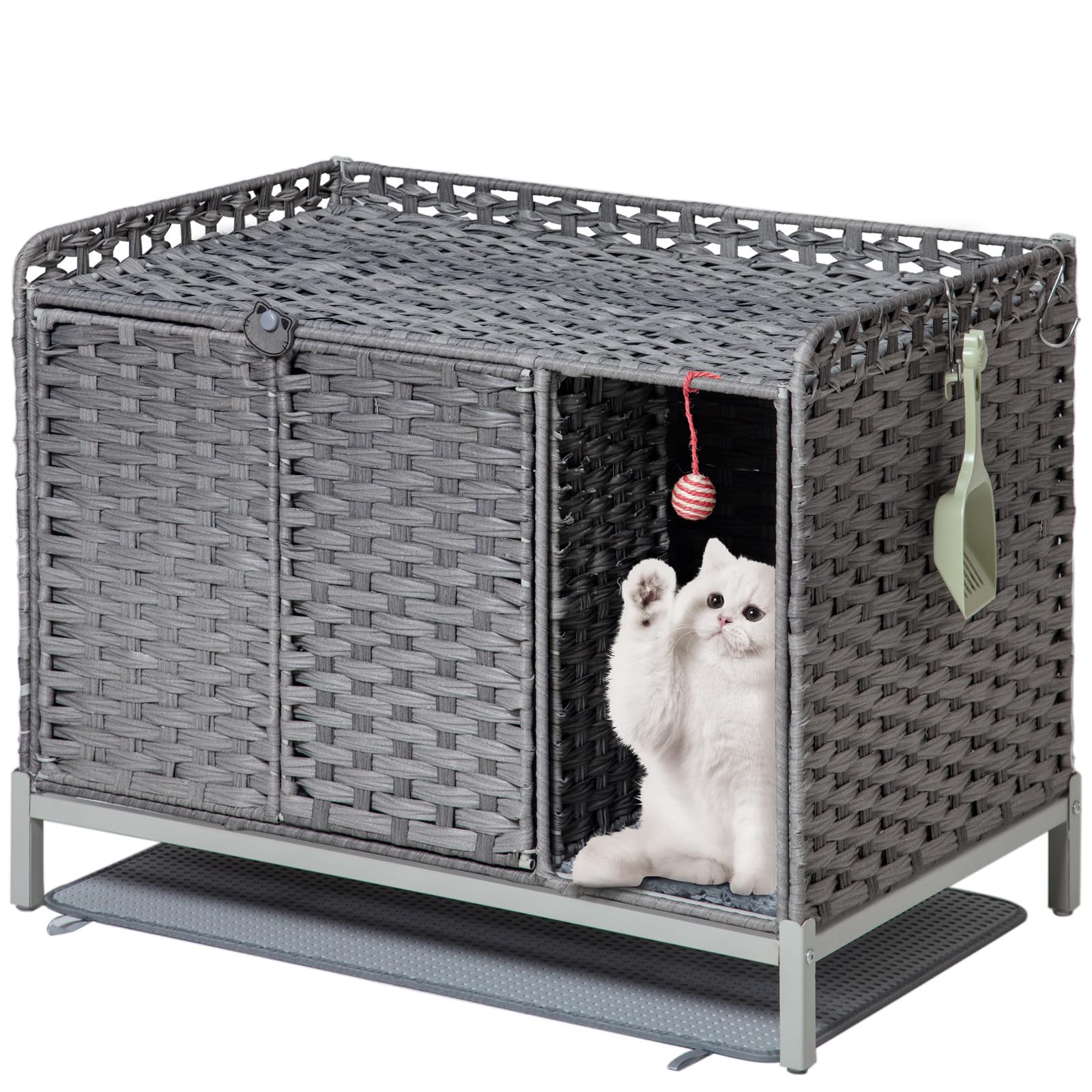 SETVSON Cat Litter Box Enclosure Cat Litter Box Furniture with Divider, Rattan Litter Box Enclosure with Cat Litter Mat, 31.2×19.6×24.2 Inches Hidden Cat Litter Box Cat House for Living Room (Gray)