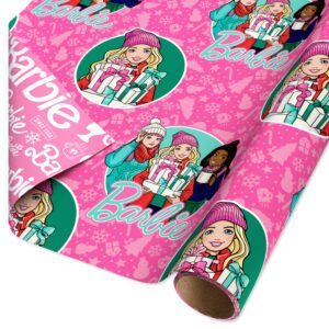 american greetings reversible christmas wrapping paper for kids, barbie and friends, christmas trees (1 roll, 75 sq. ft.)