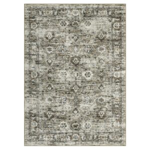 CAREMEE Washable Rug 5x7 Area Rugs for Living Room Bedroom, Vintage Non-Slip Print Distressed Thin Throw Rugs with Rubber Stain Resistant Low Pile Carpet for Kitchen Dining Room Foyer, Gray/Camel