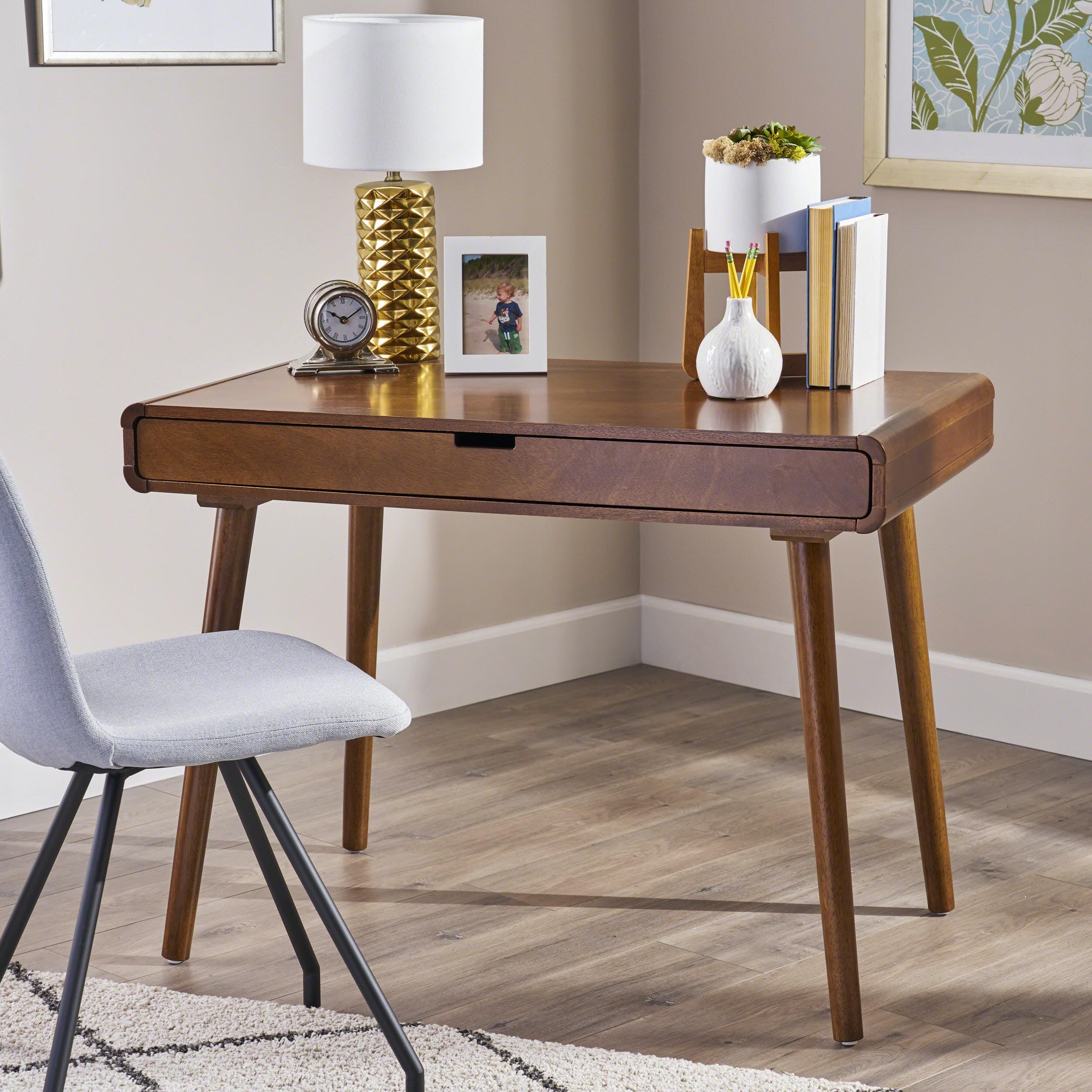 RuiSiSi Solid Wood Writing Desk, 40.1” Computer Desk with a Pull-Out Drawer and Solid Wood Legs, Mid Century Home Office Writing Sturdy Desk, Gaming Desk with for Small Space, Brown