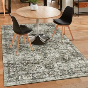 CAREMEE Washable Rug 5x7 Area Rugs for Living Room Bedroom, Vintage Non-Slip Print Distressed Thin Throw Rugs with Rubber Stain Resistant Low Pile Carpet for Kitchen Dining Room Foyer, Gray/Camel