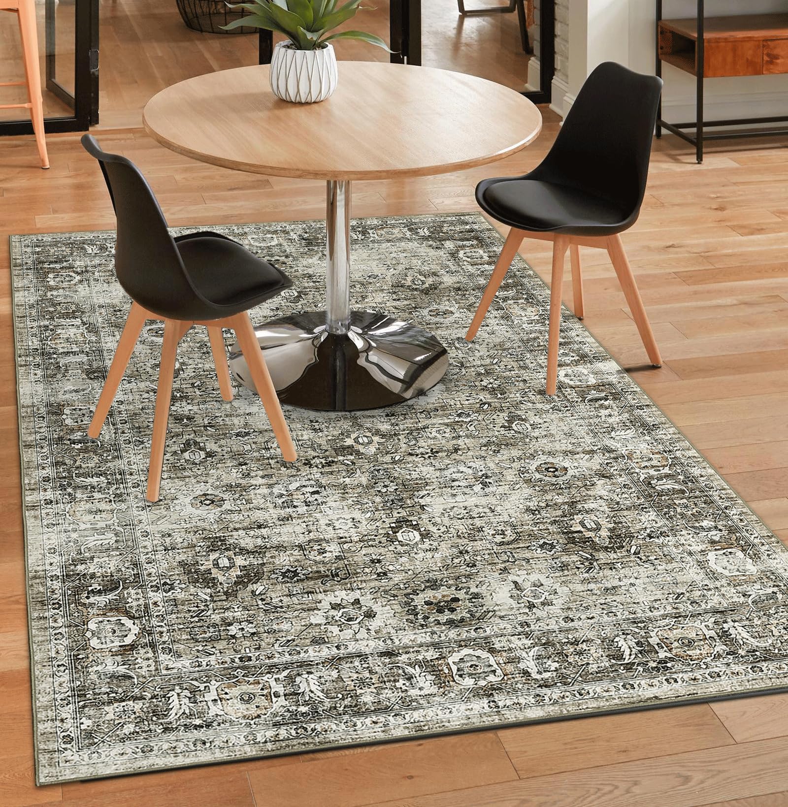 CAREMEE Washable Rug 5x7 Area Rugs for Living Room Bedroom, Vintage Non-Slip Print Distressed Thin Throw Rugs with Rubber Stain Resistant Low Pile Carpet for Kitchen Dining Room Foyer, Gray/Camel